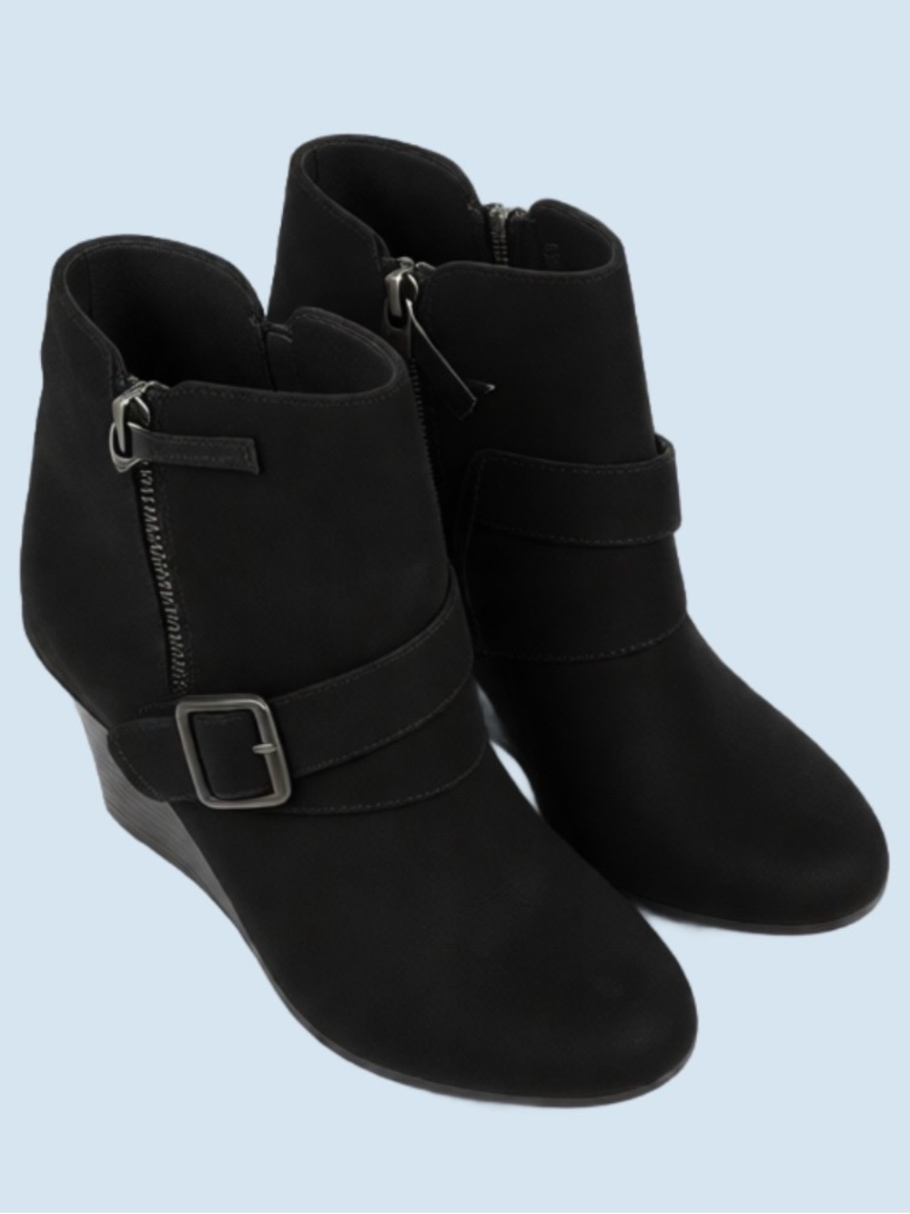 Women’s Black Ankle Wedge Booties with Buckle Strap